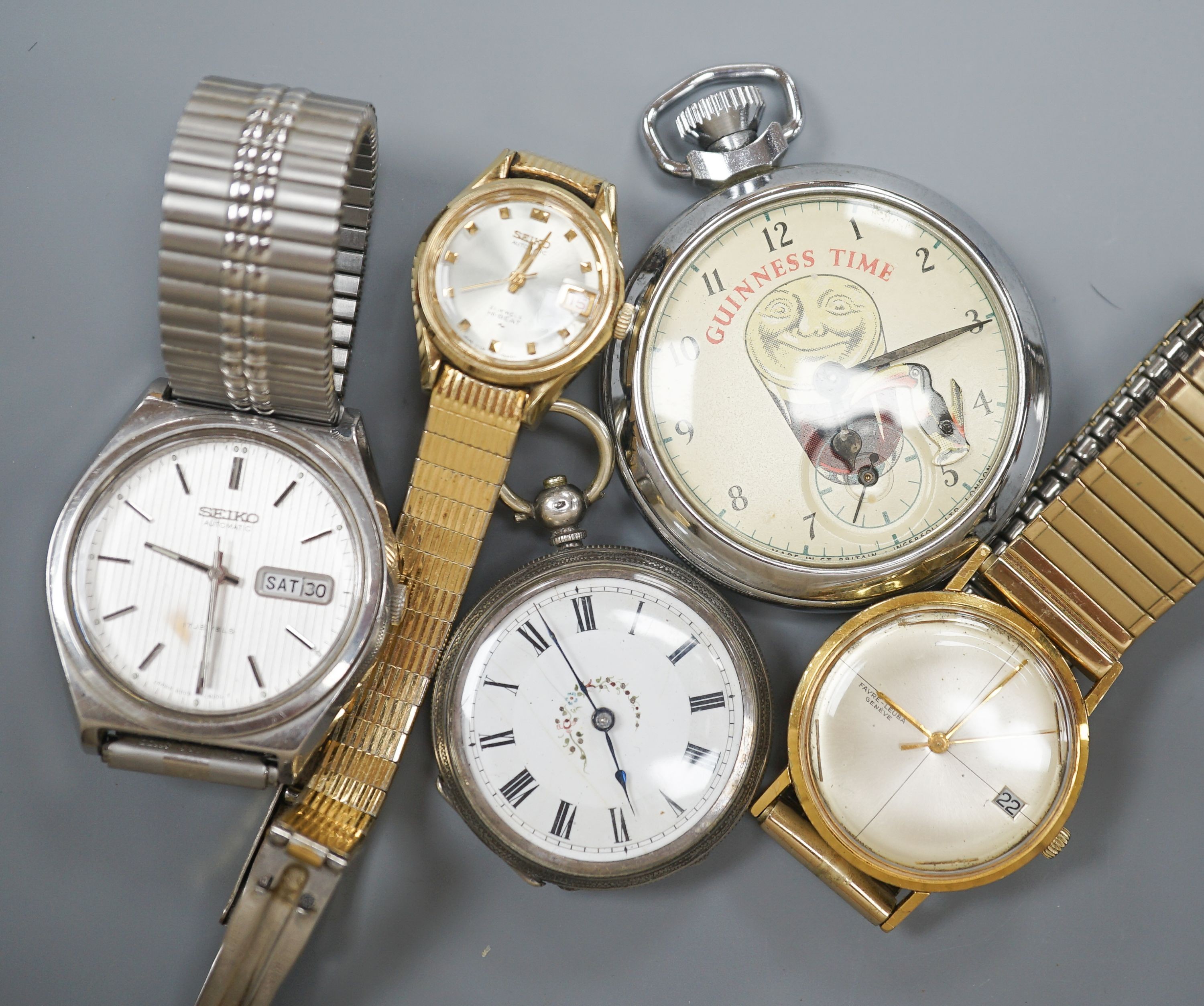 A chrome cased Guinness Time pocket watch, two wrist watches including Favre-Leuba and an 800 fob watch.